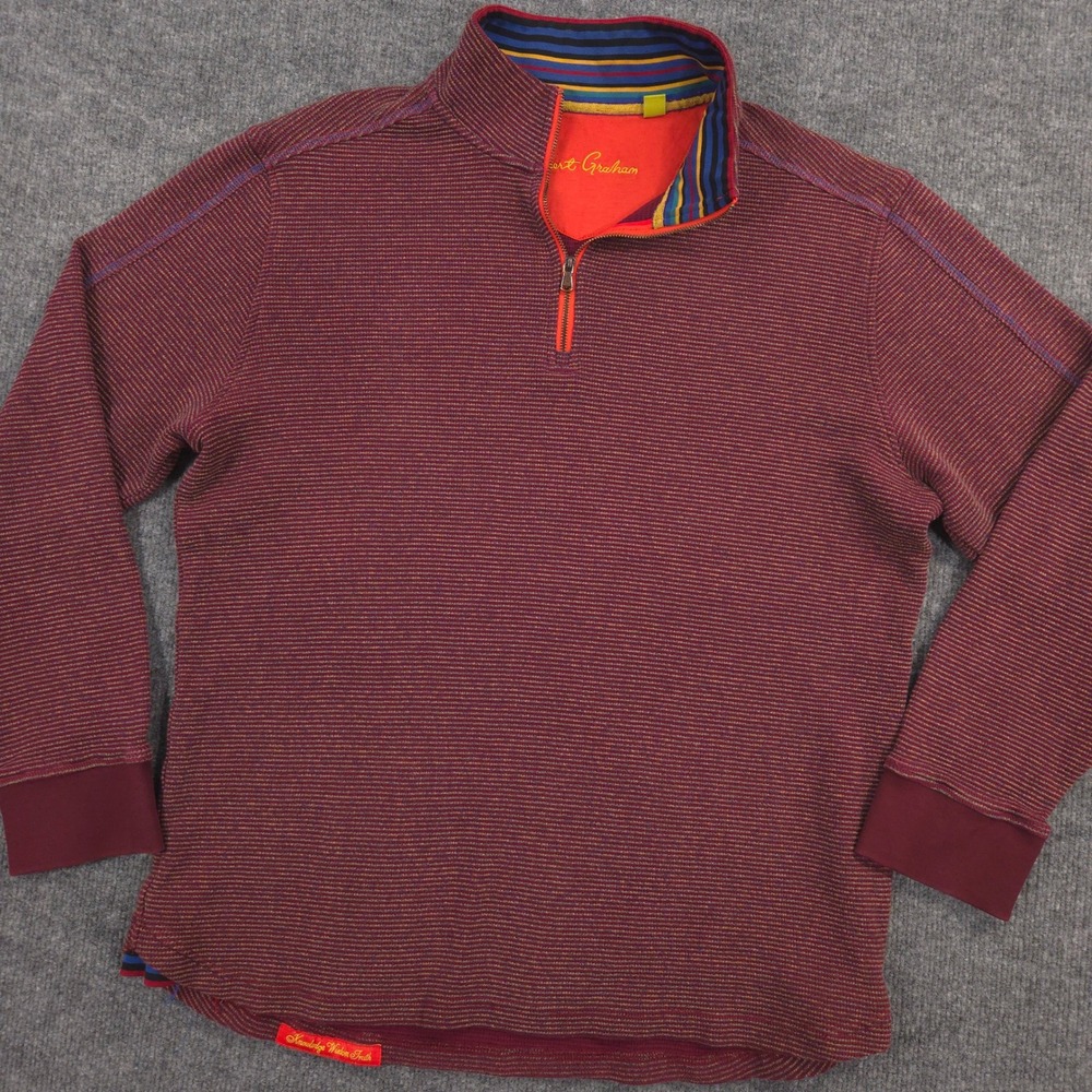 Robert Graham 1/4 Zip Sweater Mens L Burgundy Striped Classic Fit Preppy Casual